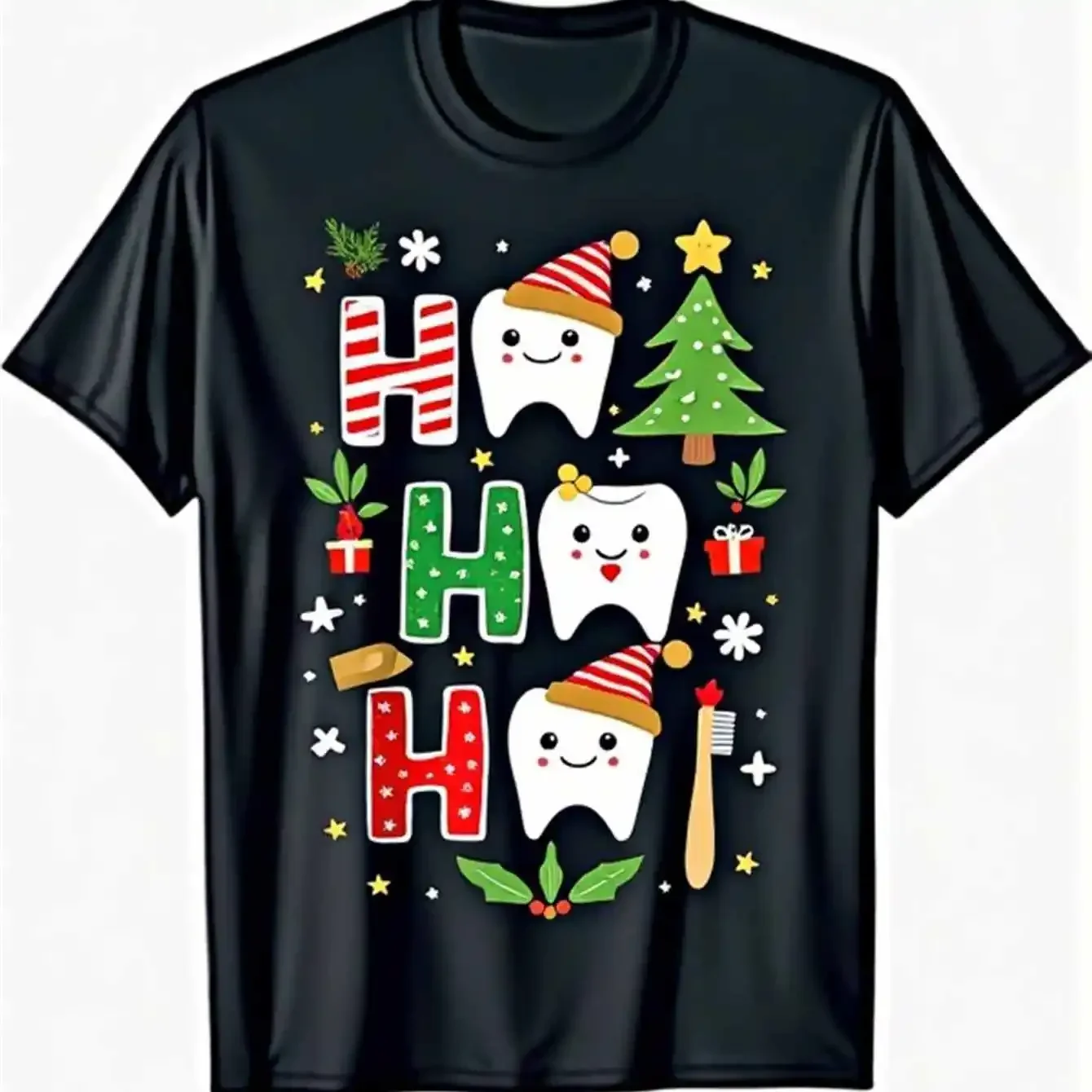 

Ho Ho Ho Dentist Teeth Christmas Graphic Men's Cotton T-Shirt Round Neck Casual
