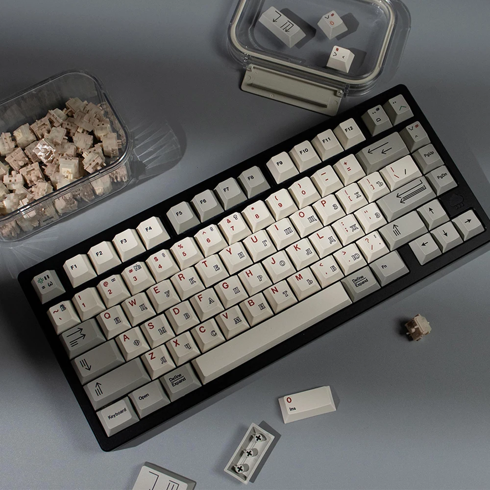 PBT-Tastenkappen, Retro-Tastenkappen, 1,7 mm Kirschprofil, thermische Sublimation, russische individuelle Tastenkappen für 68//87/104 mechanisches Tastatur-Set