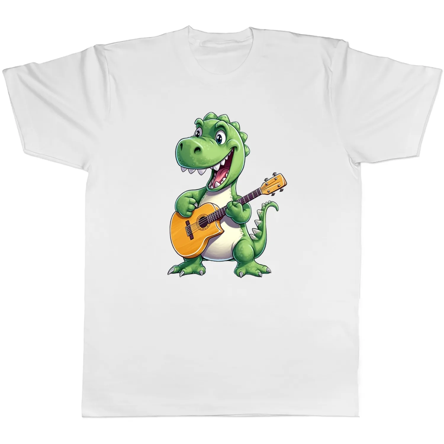 Cute Green T-Rex Playing Acoustic Guitar Graphic T-Shirt Men Women Rock Dinosaur Casual Cotton Short Sleeve Tops