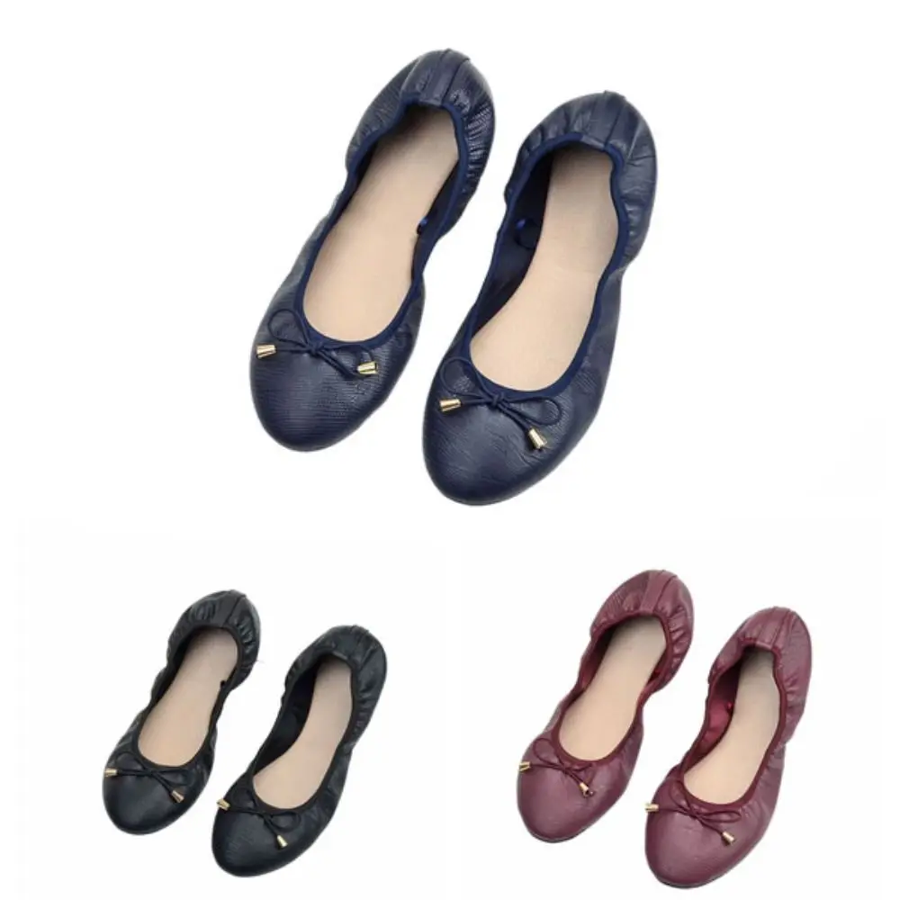 Solid Color Shallow Mouth PU Ballet Shoes Thread Bowknot Soft Sole Flat Shoes Foldable Lightweight Ballet Flats Women Yoga