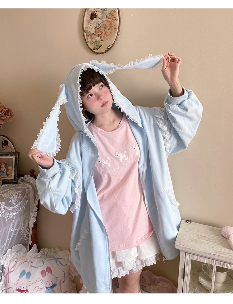 Rabbit Ears Lace Hooded Sweatshirt Jacket Women's Spring and Autumn New Solid Color Oversized Hoodies Zip Up Hoodie