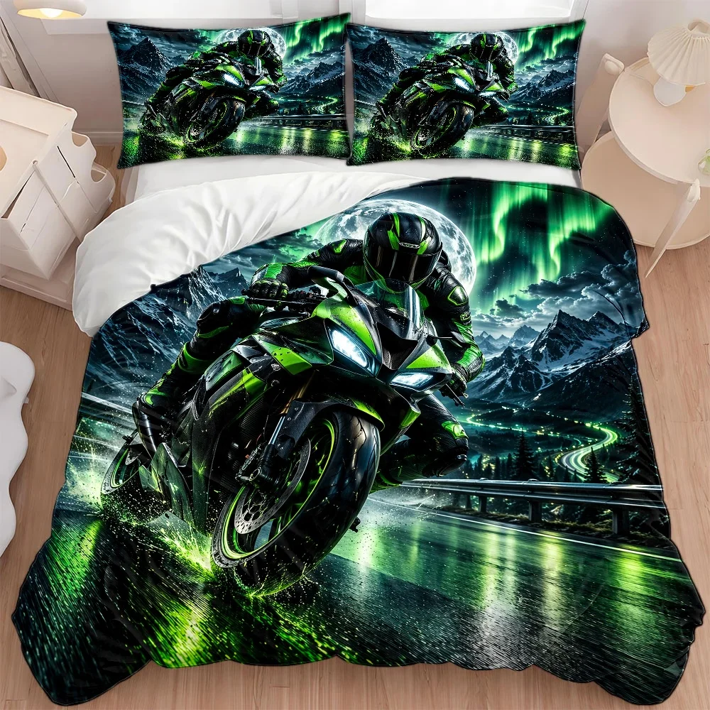 3Pc Motorcycle Racing Theme Duvet Cover Set, Three-Piece Bedding Set (1*Duvet Cover + 2*Pillowcases), Suitable for All Seasons, Machine Washable, Invisible Zipper Design, Large Personal Bed Cover Set, Suitable for Home, Dorm, Master Bedroom, Guest Room, Cool Motorcycle Aurora Snow Mountain Print, Three-Piece Bedding Set, Trendy Motorcycle Style Bedding Set, Waterproof Quick-Dry Bedding, Nordic Mountain Moonlight Bedding, Dynamic Motorcycle Elements Duvet Cover, Comfortable and Skin-Friendly