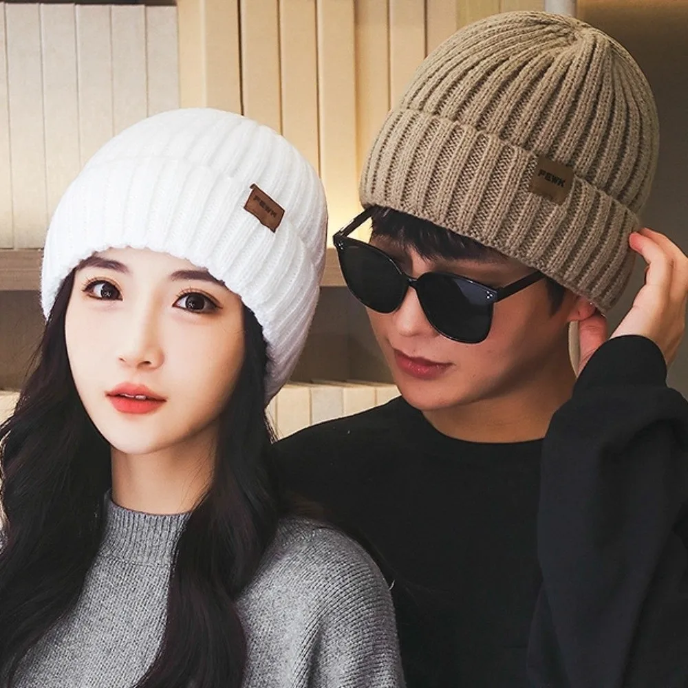 2Pcs Set Trendy Windproof Knitted Hat Scarf Thicken Soft Men's Hat Simple Plush Warm Scarf Outdoor