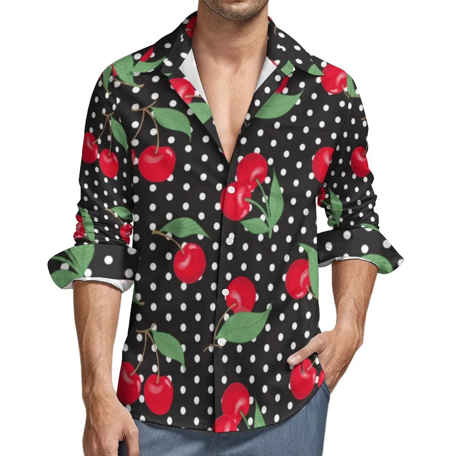 Camisa estampada de bolinhas manga comprida masculina, streetwear casual, gráfico vintage, tops grandes, vermelho, cereja, fruta, outono