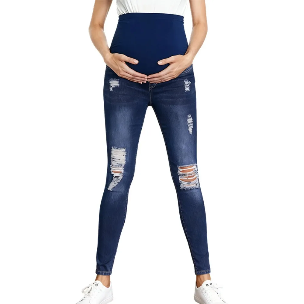 Stretch Skinny Fit Maternity Jeans High Waisted Ripped Belly Support Pregnancy Denim Pants Autumn