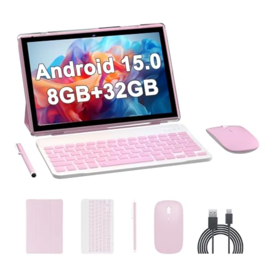 

Планшет Android 15 2-в-1, 10 дюймов, с клавиатурой, розовый, 8 ГБ ОЗУ + 32 ГБ ПЗУ, 1 ТБ, четырехъядерный процессор, двойная камера, для игр, Wi-Fi, Bluetooth, GMS