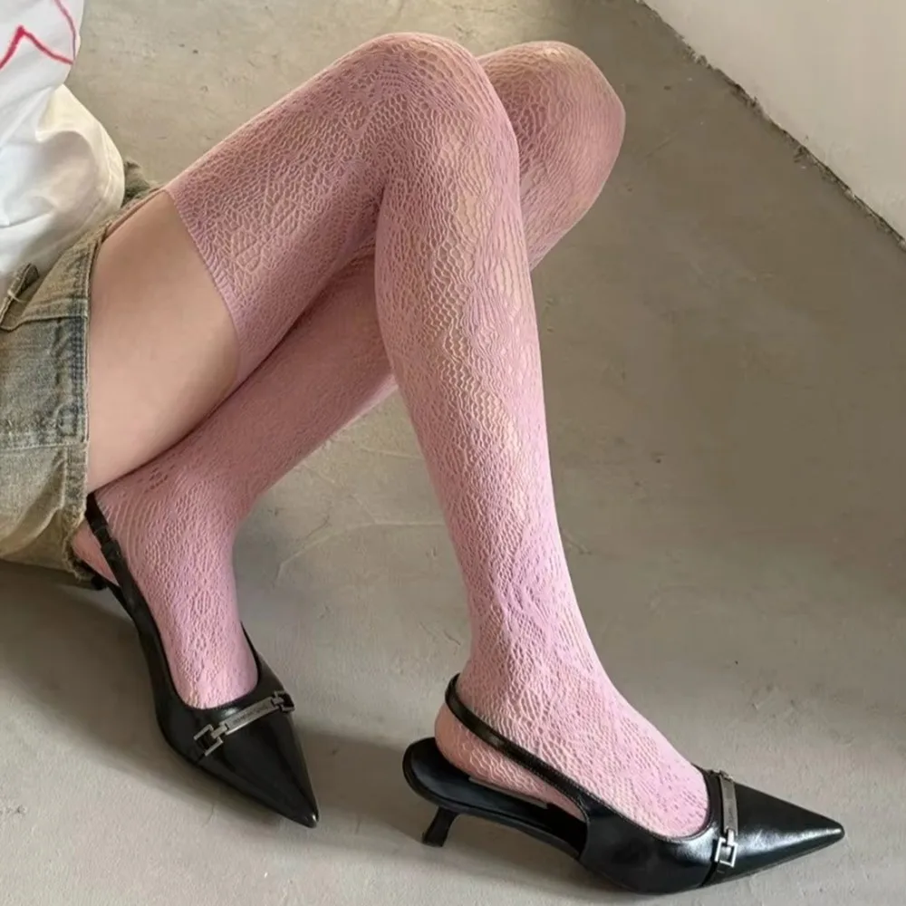 

New Brown Coffee Floral Pattern Stockings Hollow Out With Suspender Thigh High Socks Mesh Long Socks