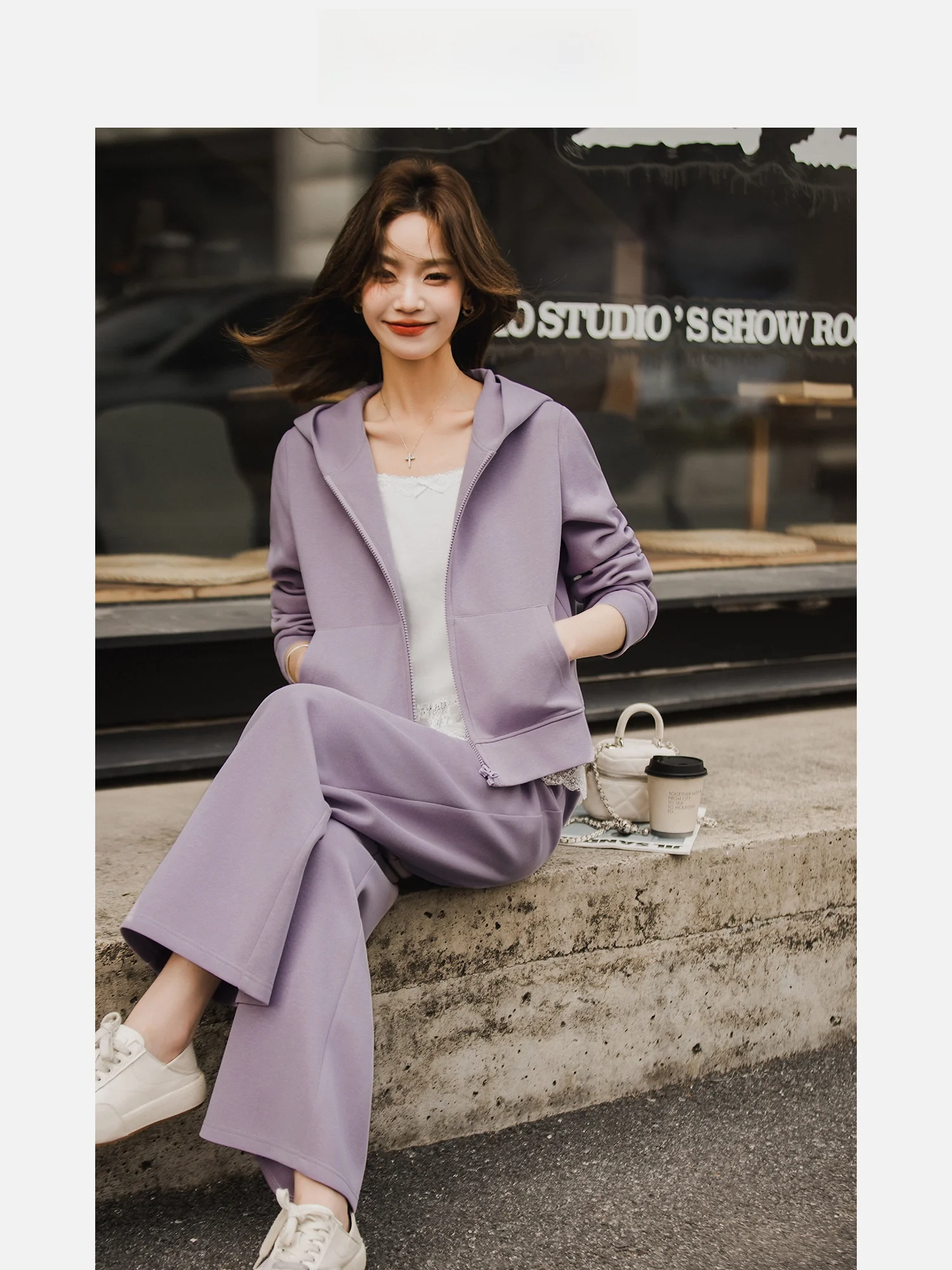 

Laziness Set Small Grain Purple Fashion Set Women's Small Spring New Wide Leg Pants Two Pieces Hooded Top Spring Season