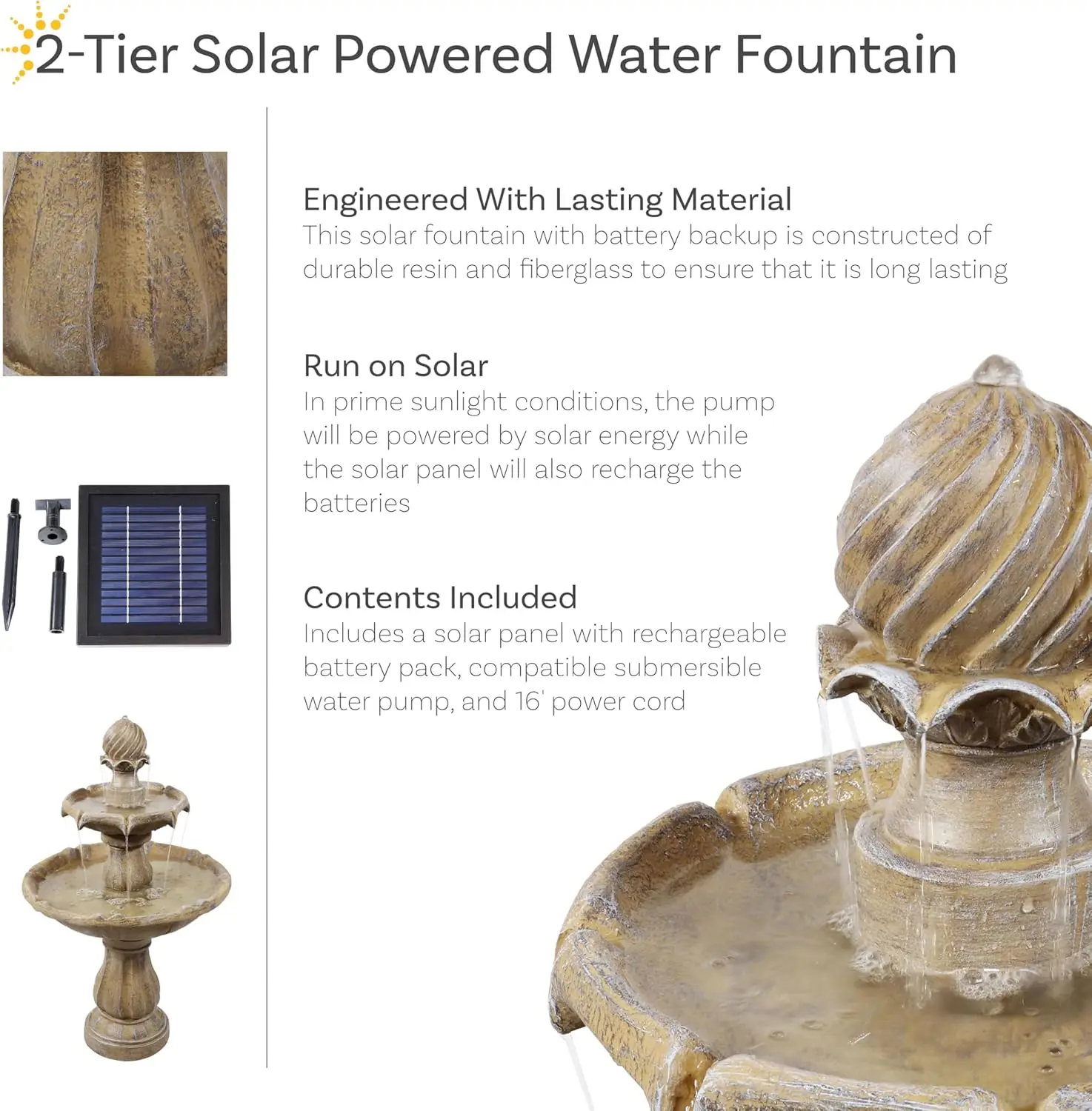 Sunnydaze 35-Inch 2-Tier Solar Water Fountain Outdoor with Battery Backup - Submersible Pump - Resin and Fiberglass - Earth