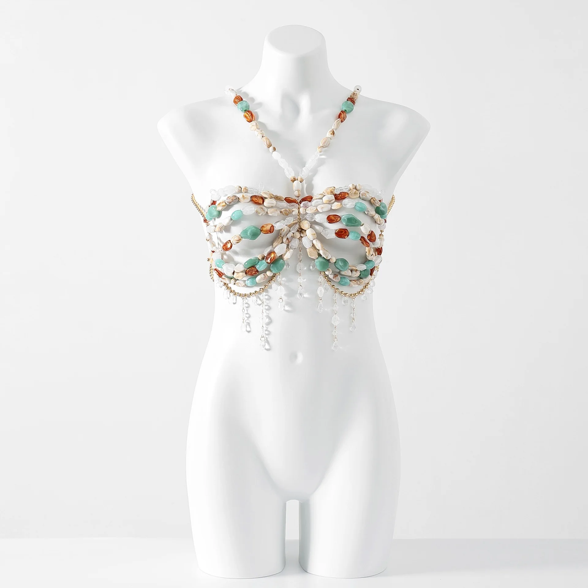 Sexy Neck Hanging Tank Top, Women'S Outerwear, Innerwear, Strapless Chest Decoration, Beaded Body Chain Corset