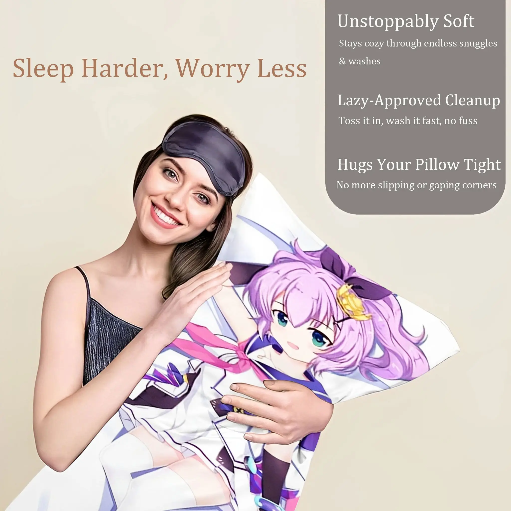 Anime Pink Hair Floral Girl White Pillowcase with Zipper, Polyester, Machine Washable, Suitable for Side and Back Sleeping Suppo