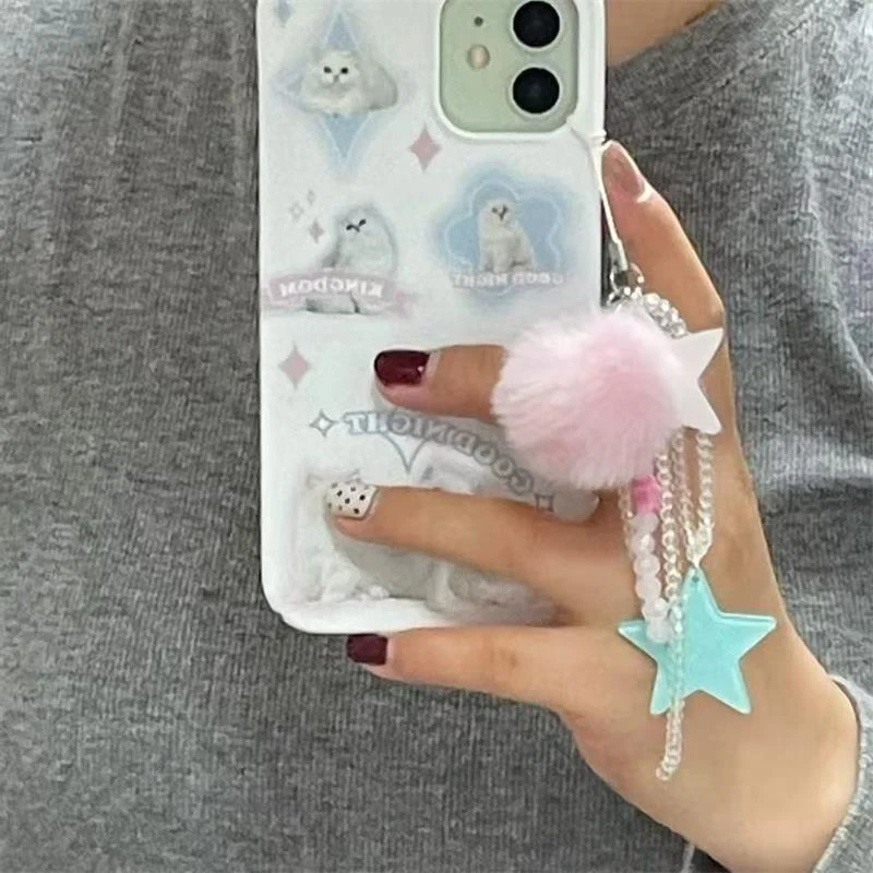 Cute Y2K Korean Shiny Star Hairball Bag Charm Phone Chain Keychain Headphone Bag Kawaii Pendant Accessories Gift