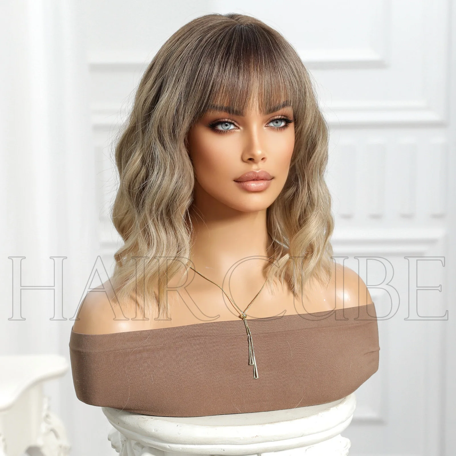 

Brown bangs shoulder length short curly hair wigs women wigs daily use