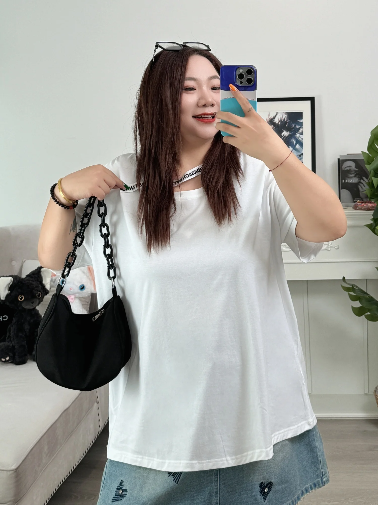 

Летняя свободная футболка больших размеров 943, модная повседневная, из смесового хлопка, с круглым вырезом, средней длины, скрывающая фигуру