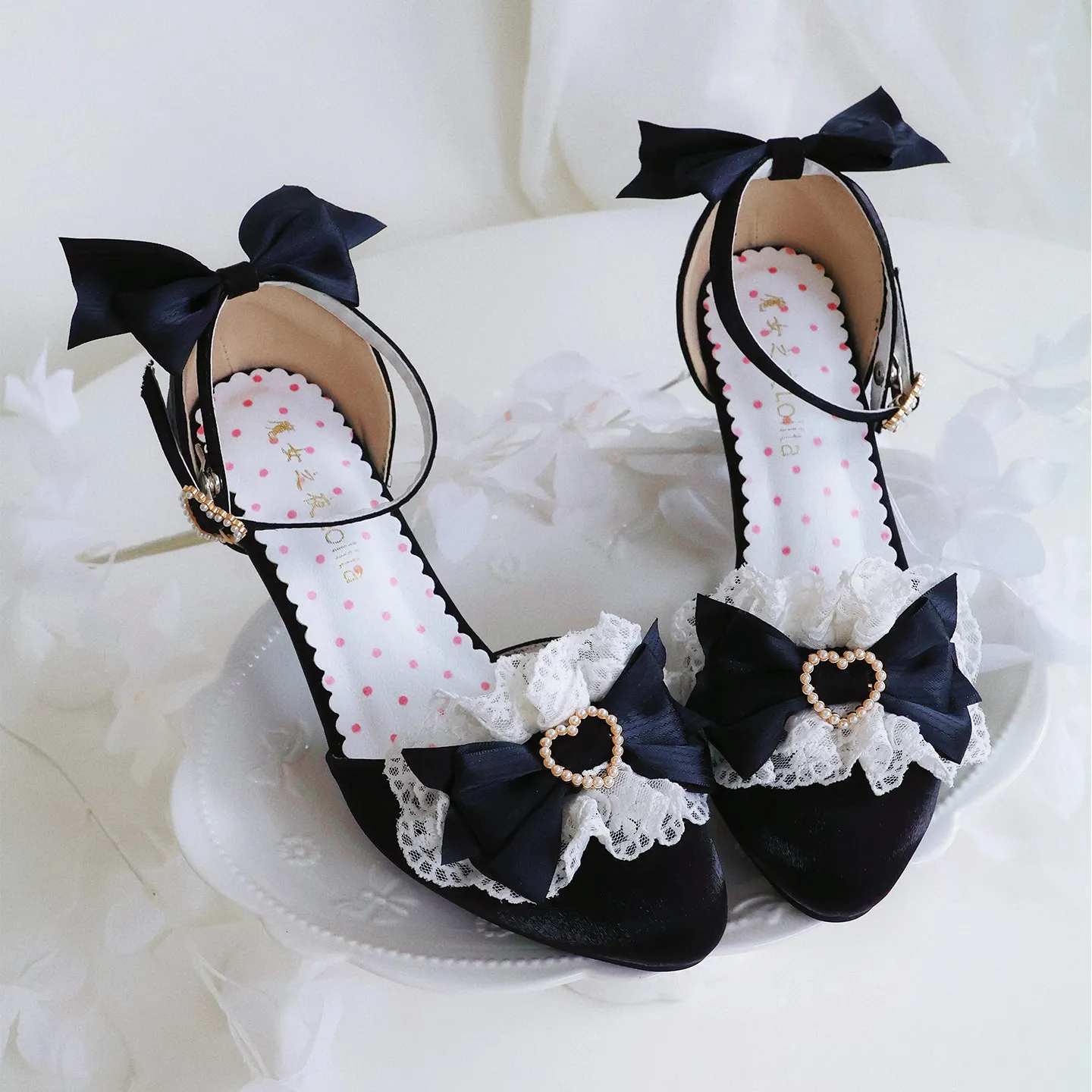 Lolita Satin Heels For Women Sweetheart Lace Bow Decorated Pointed Toe Sandals Kawaii Princess Style Ankle Strap Pumps