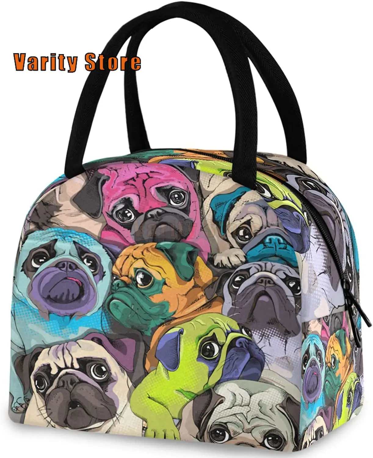 Pop Art Pug Dogs Reusable Lunch Tote Bag with Front Pocket Insulated Thermal Cooler Container Bag for Back to School Work Picnic