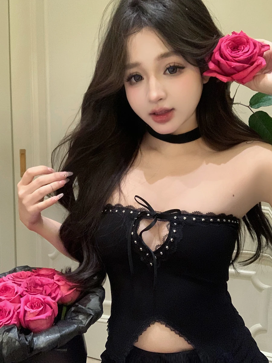 RORORIRI Cut-out Lace Bandage Tube Crop Top Women Solid Black Studded Slit Sexy Strapless Ribbon Corset Top Grayu Y2k Streetwear