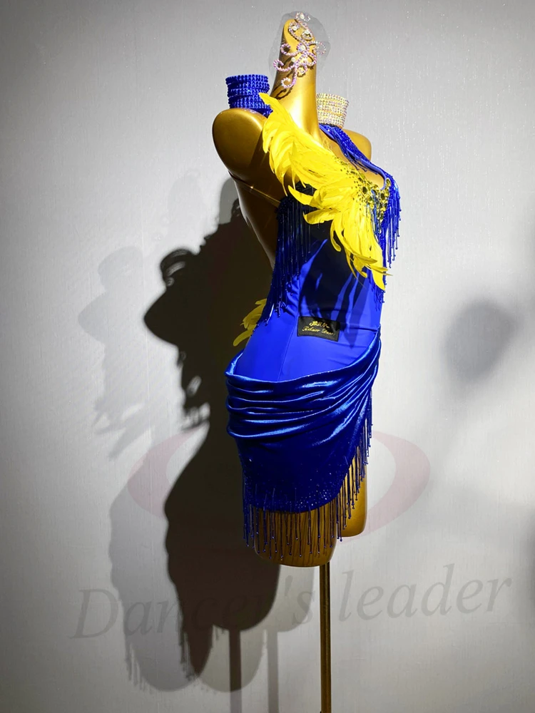 Latin Dance Adult Children'S Dress AB Stone High-End Custom Contrasting Feather Dress Cha Cha Tango Women'S Clothing