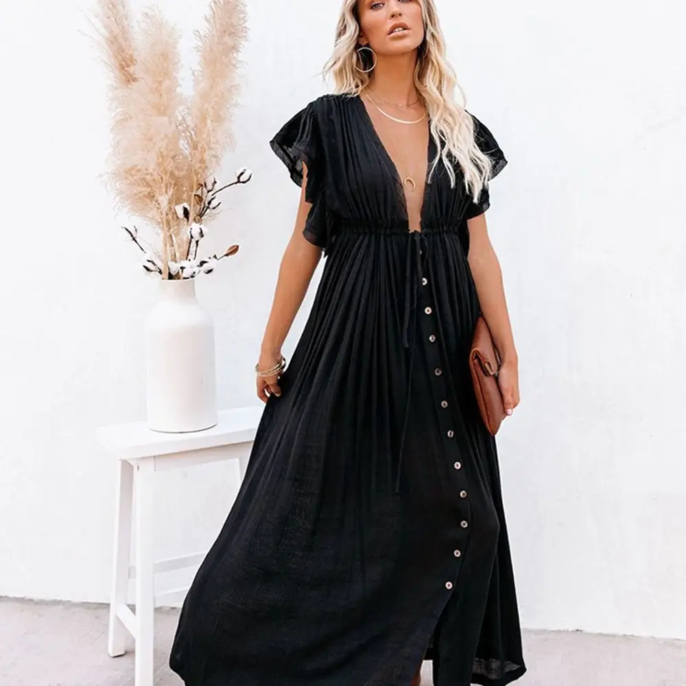 

Fashion V Neck Summer Sunscreen Smock Loose Casual Beachwear Shirt Long Bathing Suit Bikini Cover-Ups for Women