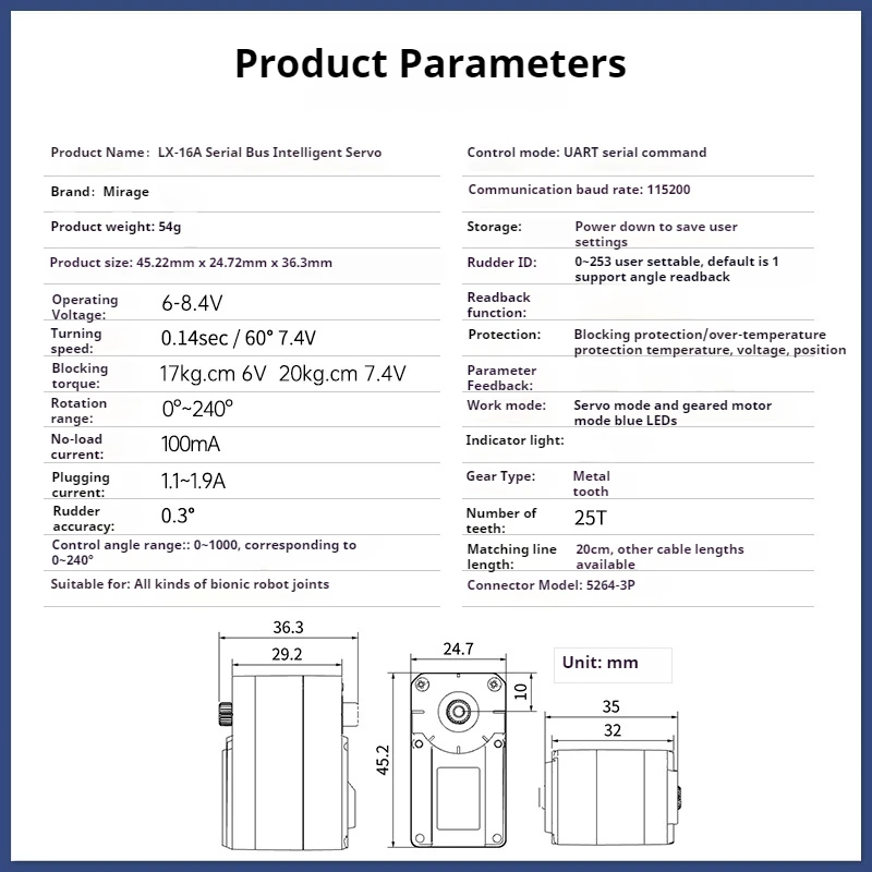 Serial Bus Servo / Intelligent Serial Two-axis Digital Servo LX-16A / Robot Large Torque High Precision