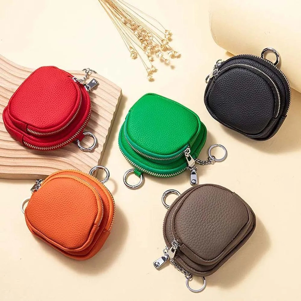 Coin Pouch Portable Leather Coin Purse Wallet Solid Color Key Ring Round Bag Anti-lost Fashion Mini Money Bag School