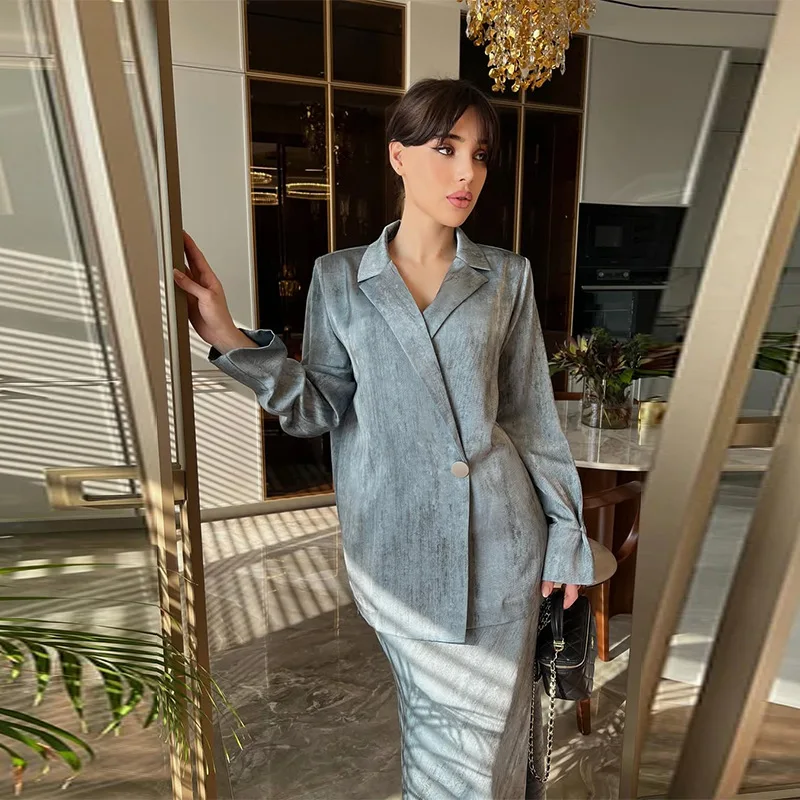 

Jacket Bodycon Maxi Skirt Two Piece Set Loose Outfits Elegant Women Blazer Skirt Suit Office Lady Long Sleeve Lapel One Button