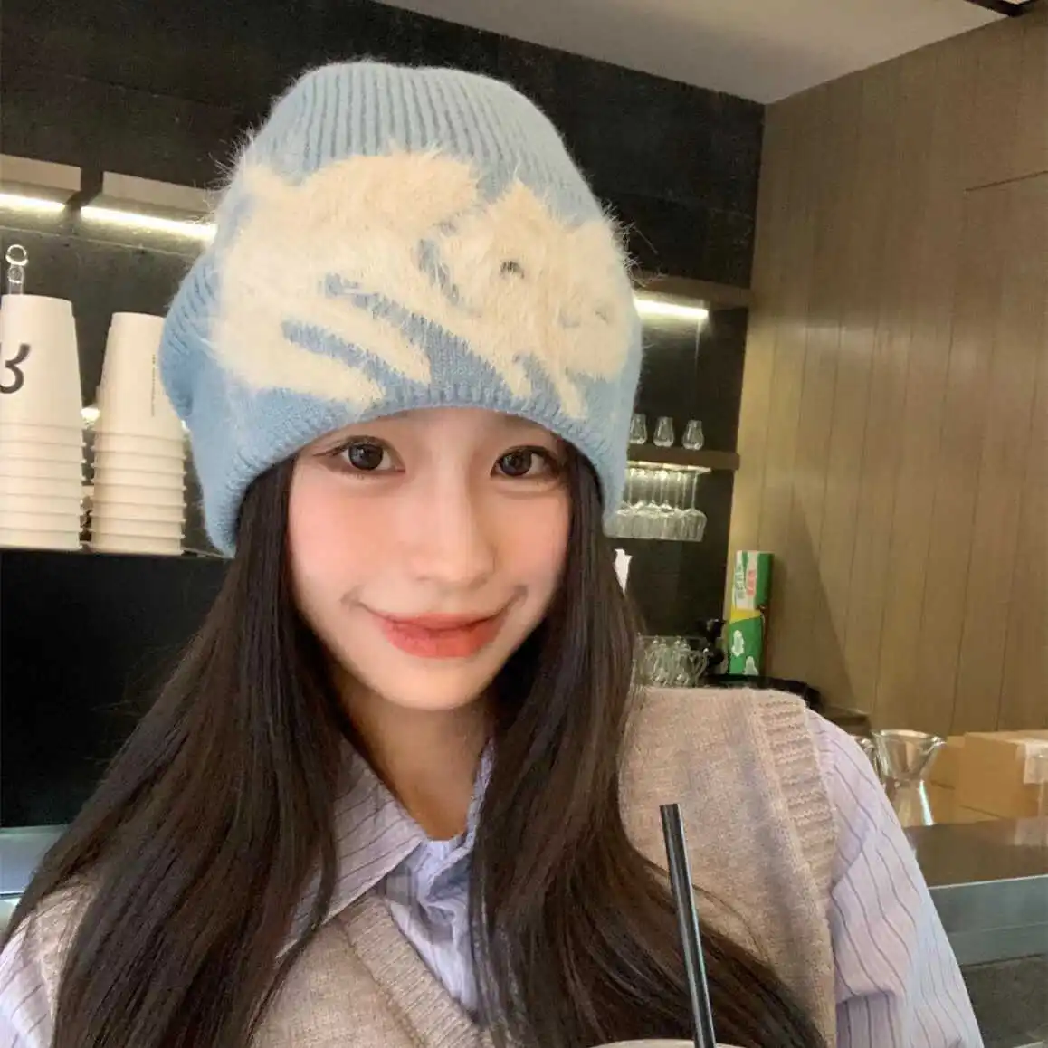 Plush fox warm ear protection knitted hat for women versatile in autumn and winter to show off face small woolen hat trendy