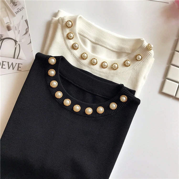 Chic O-Neck Ice Silk Knitted Vest Summer Beaded Thin Bottoming Shirt Sequin Crystal Sleeveless T-shirt Pearls Knitwear Tank Tops