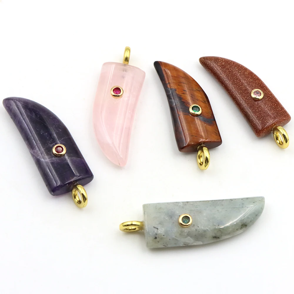 37mm Natural Stone Wolf Tooth Pendant Inlaid Color Zircon Crystal Charm Necklace Gem Pendant DIY Jewelry Making Accessory Gifts