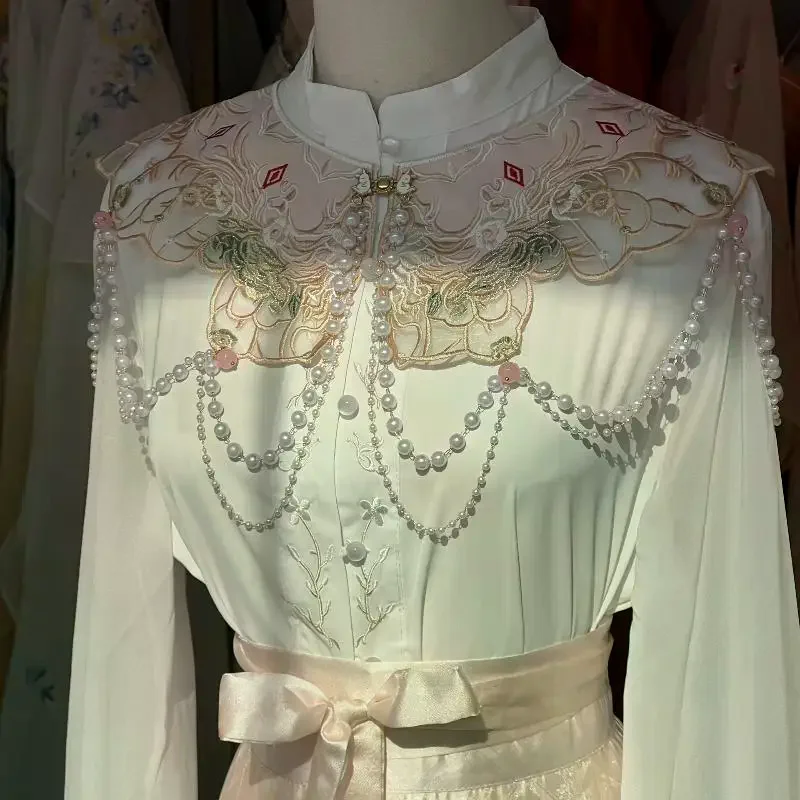 Traditional Chinese Hanfu with Ornate Pearl Embroidery and Horse-face Skirt for Festivals