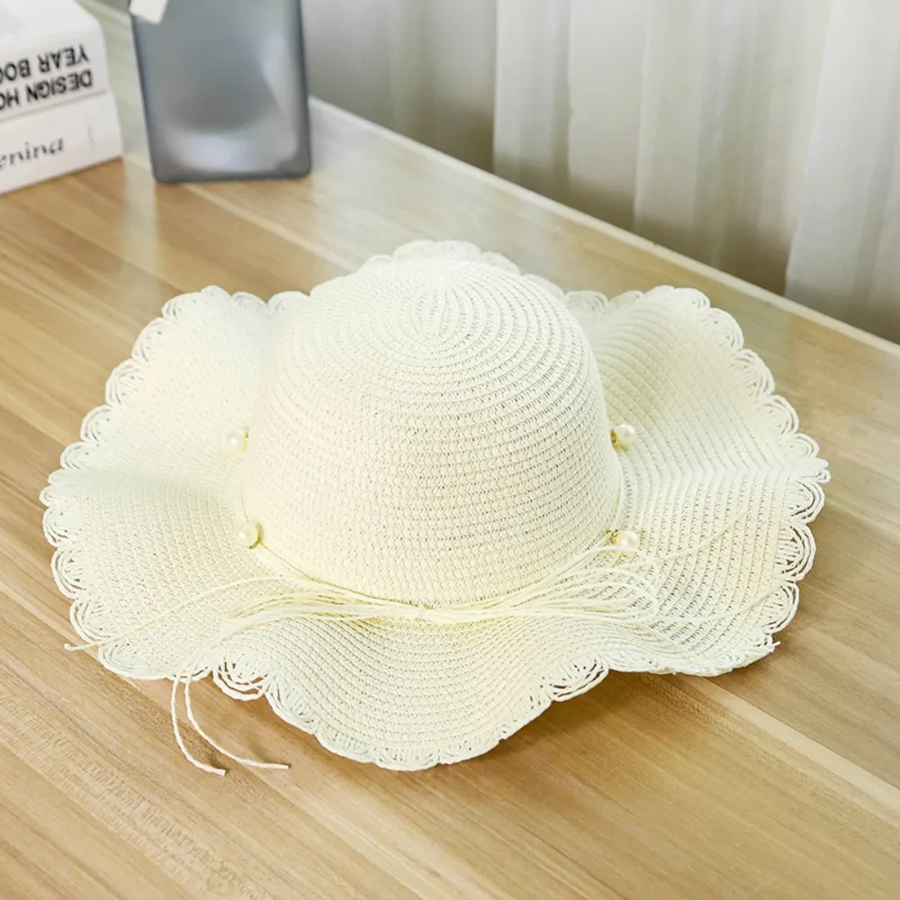 

Trendy French Style Pearls Strap Straw Hat Wide Brim Spring Summer Folding Straw Hats Beach Travel Women's Sun Hat Outdoor