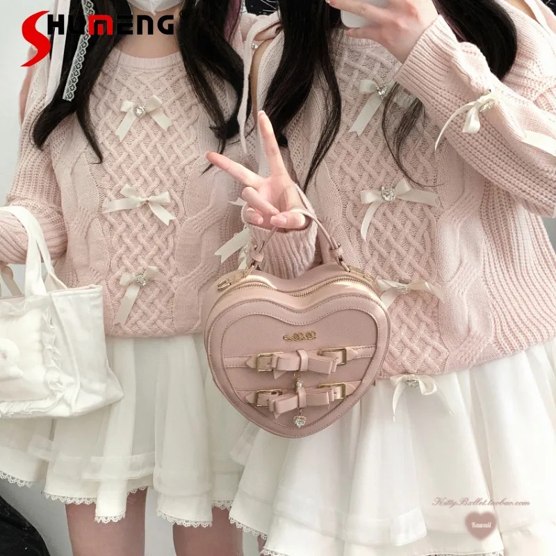 

Original Japanese Jewel Bow Off-Shoulder Loose Mine Series Sweet Long Sleeves Knitted Sweater Crew Neck Pullover Women's Clothes