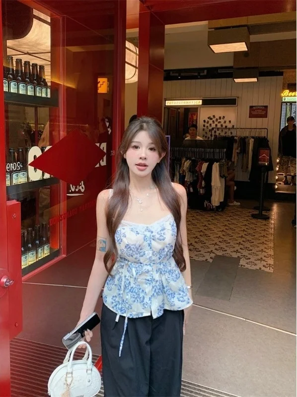 

Blue Lace Floral Print Crop Top Women's Slim Fit Summer Fashion Set Short Sleeve round Neck Backless Vest Sexy Trendy Slimmin...
