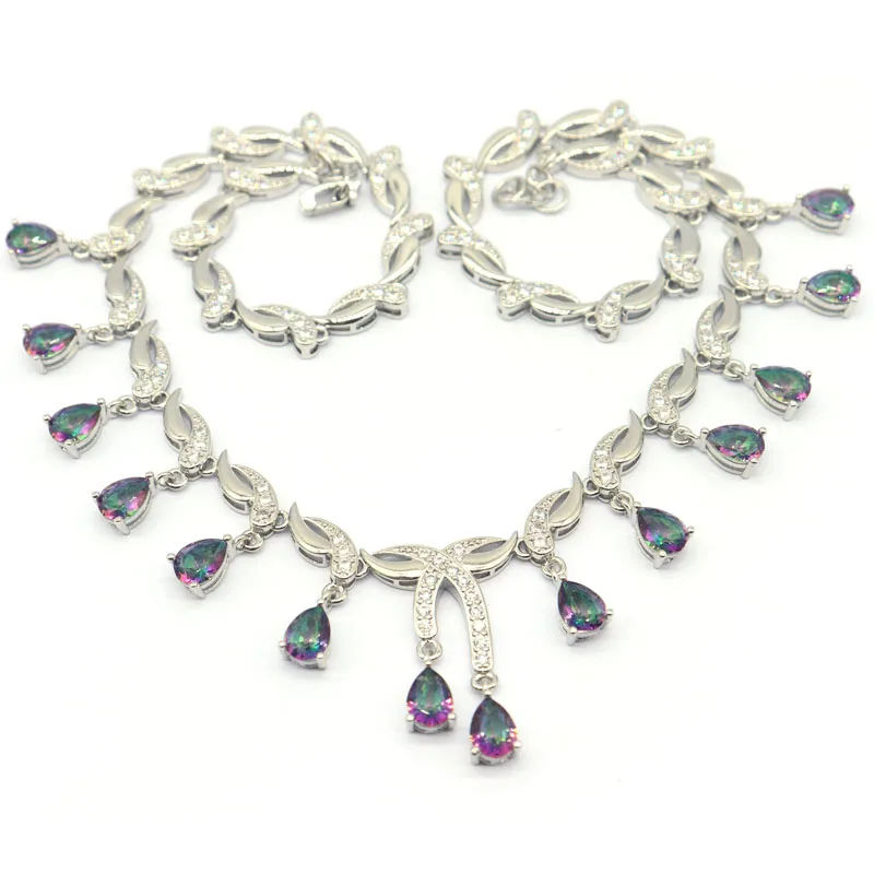 30x22mm Prevent Allergy 33.6g Fire Rainbow Mystic Topaz White CZ Ladies Wedding Silver Necklace 18-18.5inch