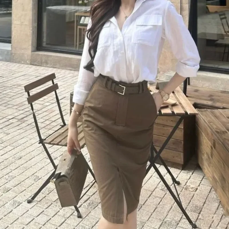 New Retro Split Office Lady Skirt Women French Vintage Elegant Spring Autumn High Waist Bodycon Skirts Solid Color Jupe