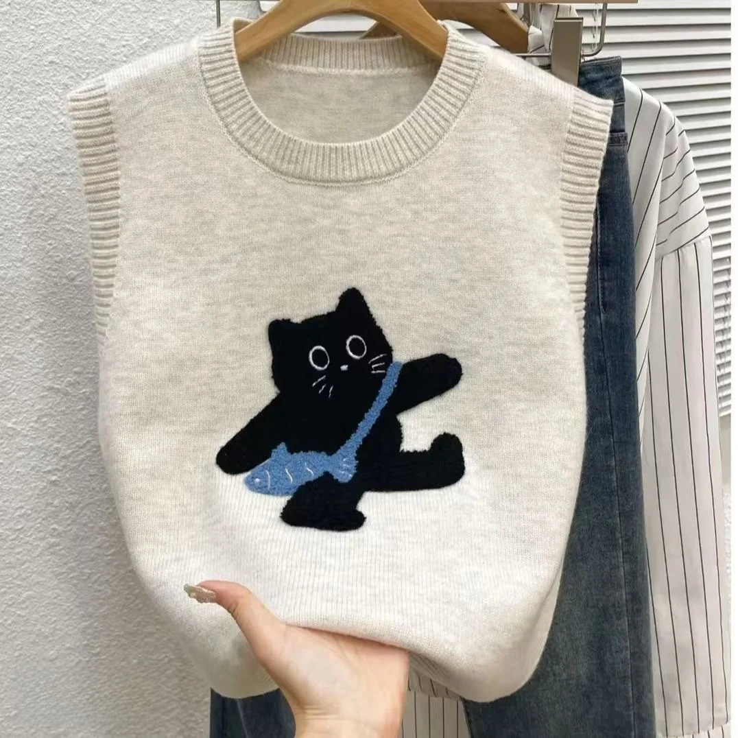 Colete de Malha Anti-Idade Fofo Clássico com Sistema de Gato Bordado na Floresta Estilo Faion Outono Inverno com Gola Redonda.