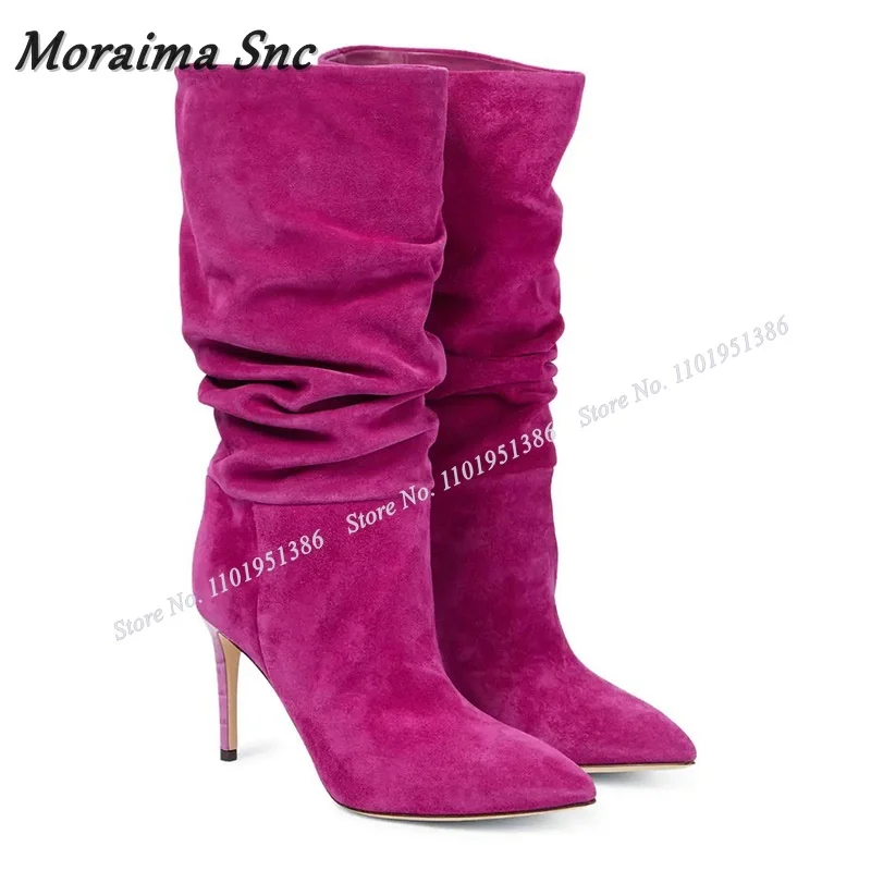 

Moraima Snc Pink Mid Calf Pleated Suede Boots Slip on Solid Short Boots Pointed Toe Shoes for Women High Heels Zapatillas Mujer