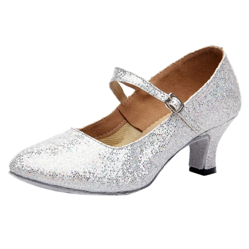 Shiny Performance Party Sequin Fairy Shoes Silver Red Round Toe Middle Heels Wedding Mary Jane Buckle Strap Latin Dancing Pumps