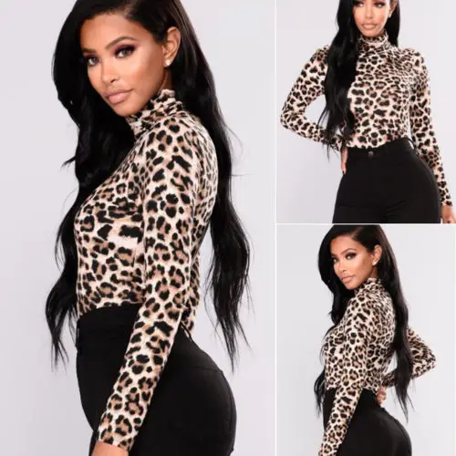 Women Ladies Leopard Print Tops Turtle Neck  Long Sleeve Blouse Loose Basic Tops Blouse Mujer