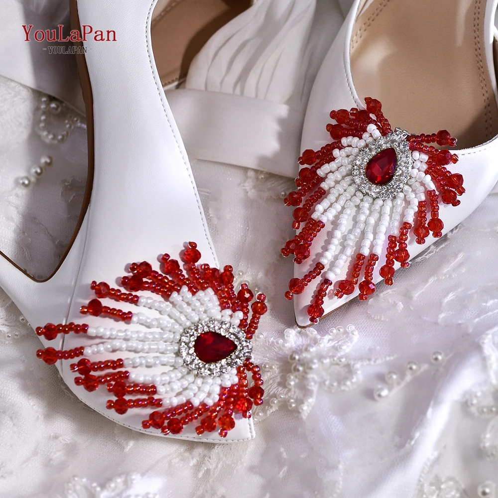 YoulaPan-Handmade frisada borla sapato clipes, strass cor vermelha, casamento charme sapatos fivela, acessório de jóias, HX72