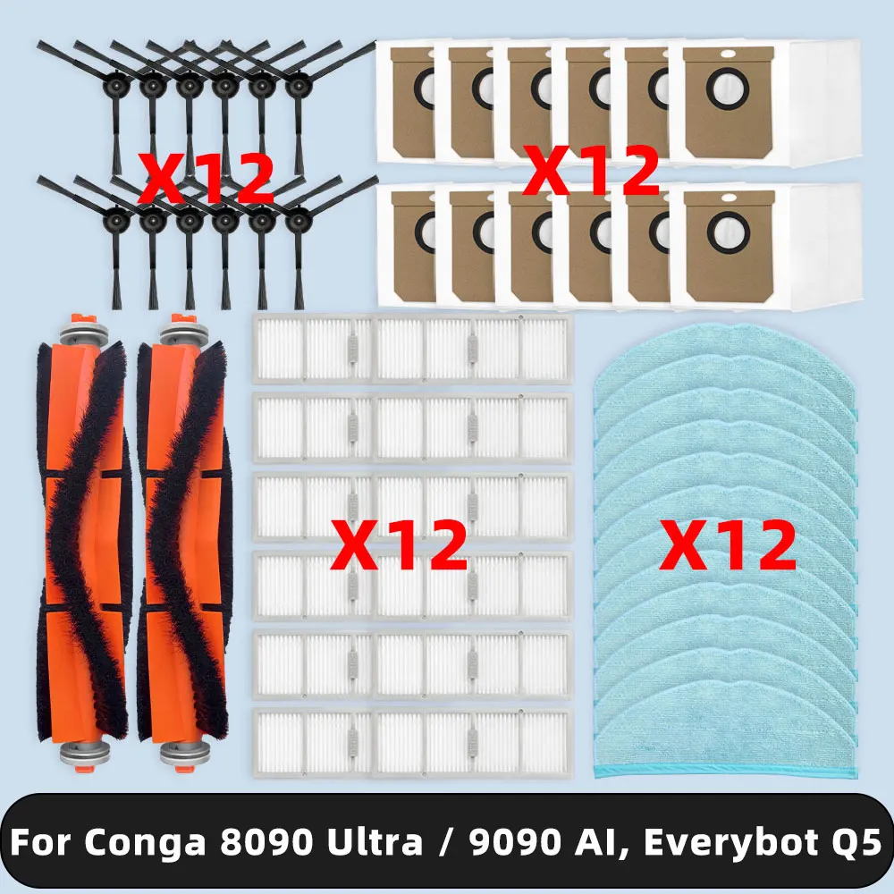 Compatible con ( Cecotec Conga 8090 Ultra / 9090 AI, Everybot Q5 ) repuestos accesorios cepillo lateral principal paño de mopa bolsa para el polvo