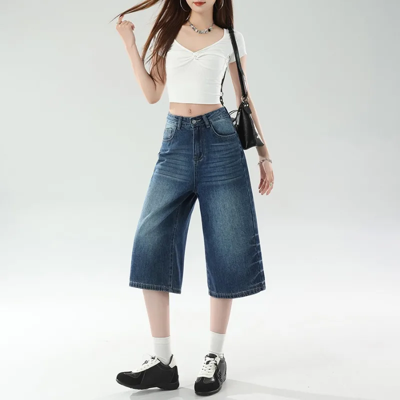 Women High Waist Loose Straight Seven Points Denim Culottes Retro Bow Embroidery Wide Leg 2026 Summer New Arrival