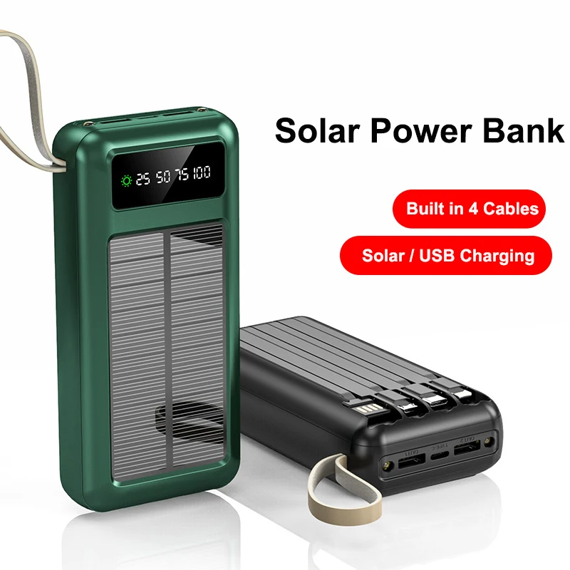 

30000mAh Solar Power Bank with 4 Cables LED Light Portable Charger External Battery Powerbank for iPhone Samsung Xiaomi Huawei