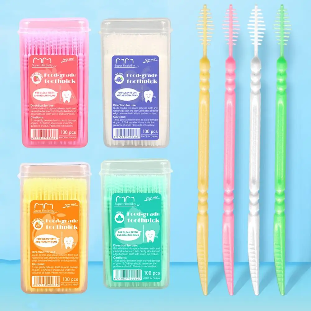 100 Palillos de Dientes de Plástico con Sabor a Frutas, Palillos de Dientes con Sabor a Menta, Uva, Fresa y Pomelo, con Doble Extremo, Suaves para los Dientes