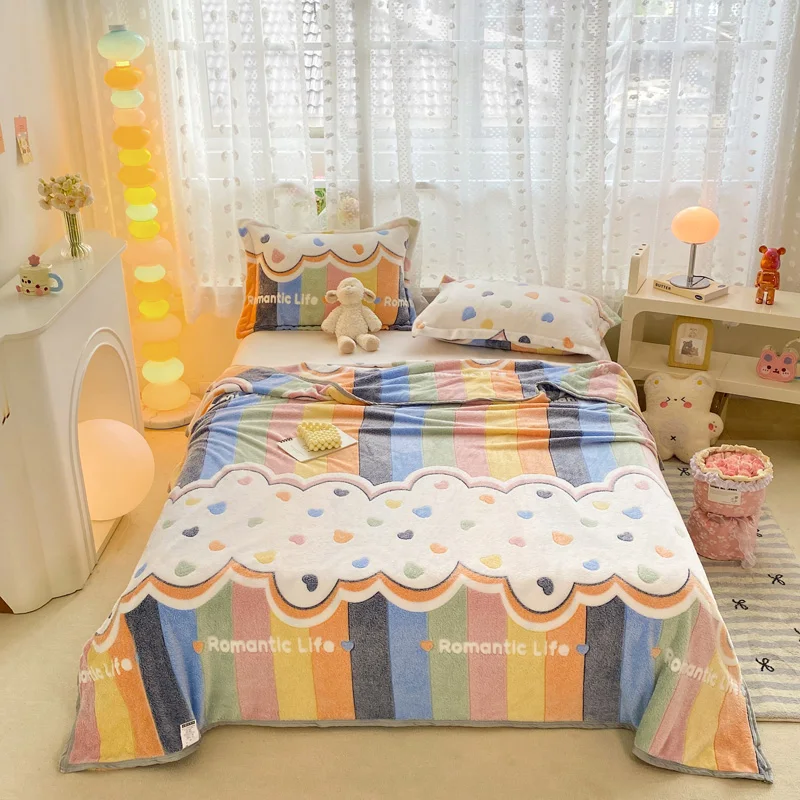 Rainbow Love Heart Flannel Flat Sheet 3pcs Bedding Set Kids Girls Cartoon Plush Bed Sheet Polyester Sheets with 2 Pillowcases