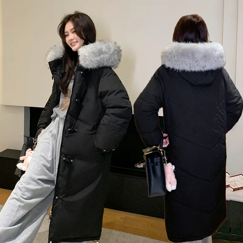 Knee Length Coat Women Parkas Coats Hooded Zipper Jackets Fur Collar Thick Warm Y2k Streetwear Elegant Jacket Autumn Winter 2025