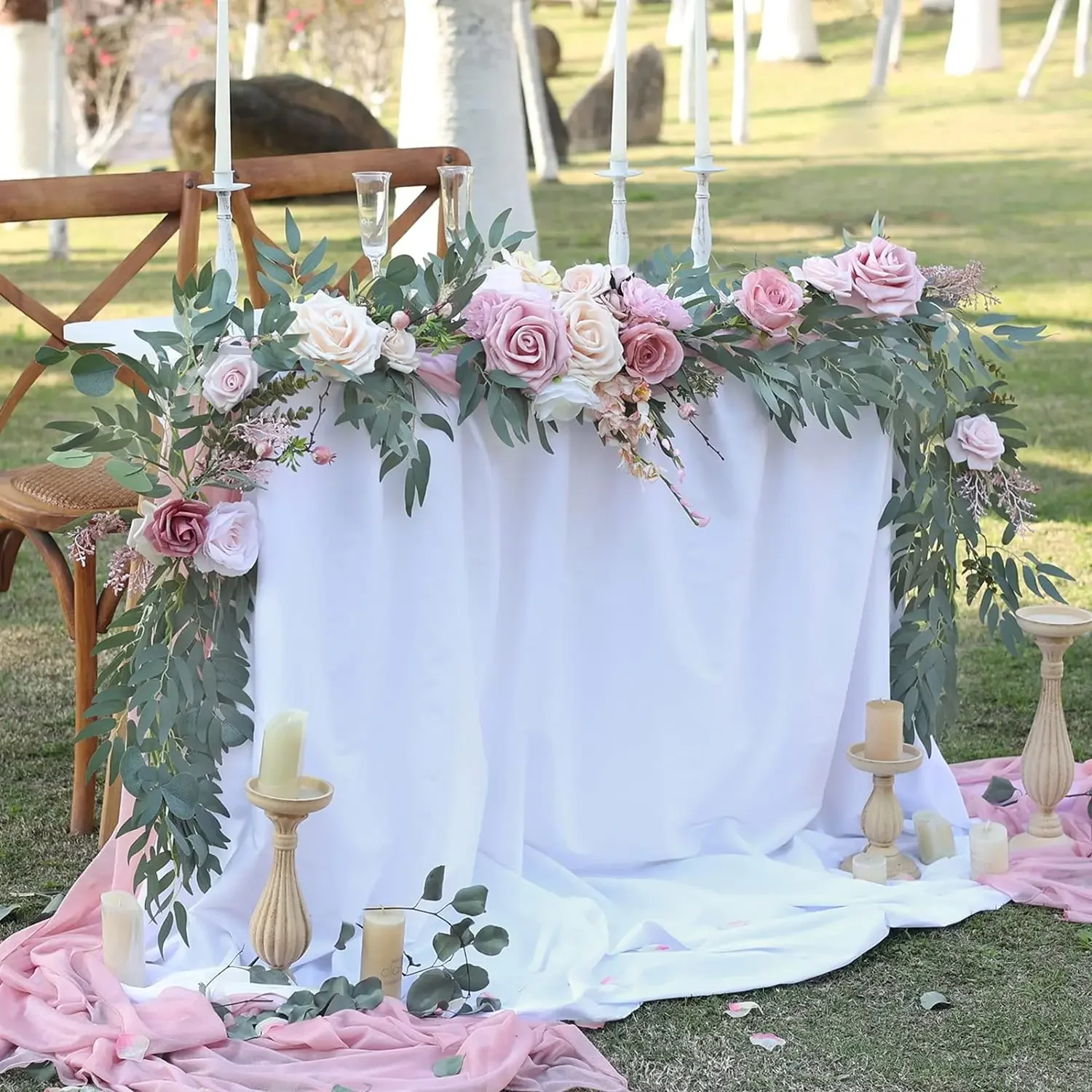 2.7M Artificial Wedding Eucalyptus Garland Runner with Rose Flowers Rustic Floral Table Centerpieces Boho Wed Decoration