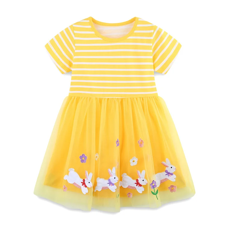 

Yellow Applique 2-7T Summer Bunny Mesh Princess Party Girls Dresses Short-Sleeve Toddler Tutu Birthday Wear Cute Frocks