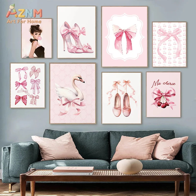 AZNM Watercolor Pink Cherry Bow Canvas Wall Art Cute Polka Dot Fruit Print Unframed Canvas Painting For Girls Bedroom Aesthetic