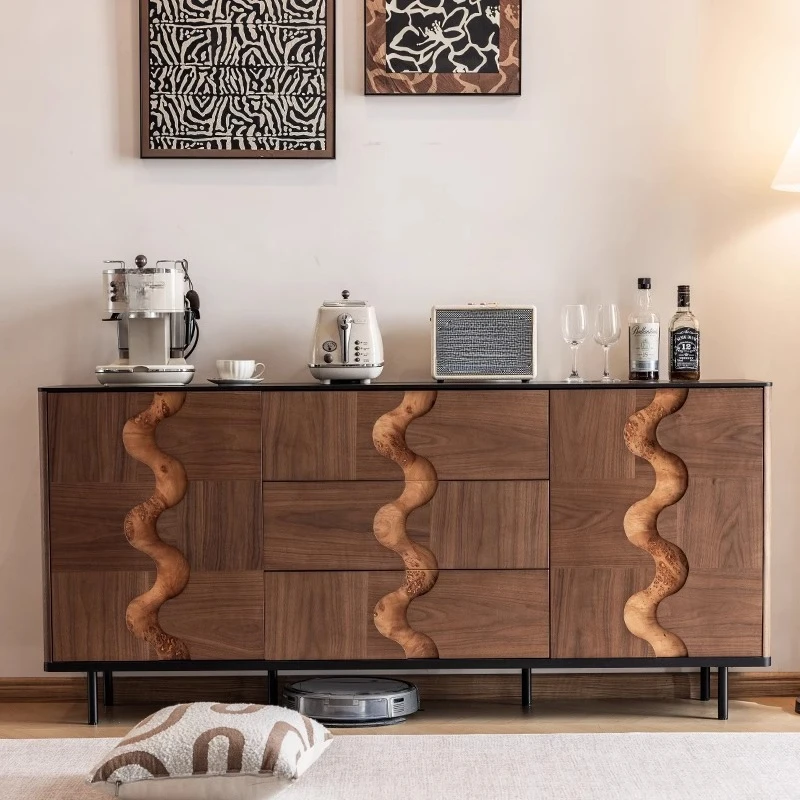 Medieval style all-solid wood dining side cabinet, entrance cabinet, black walnut parquet integrated drawer cabinet against